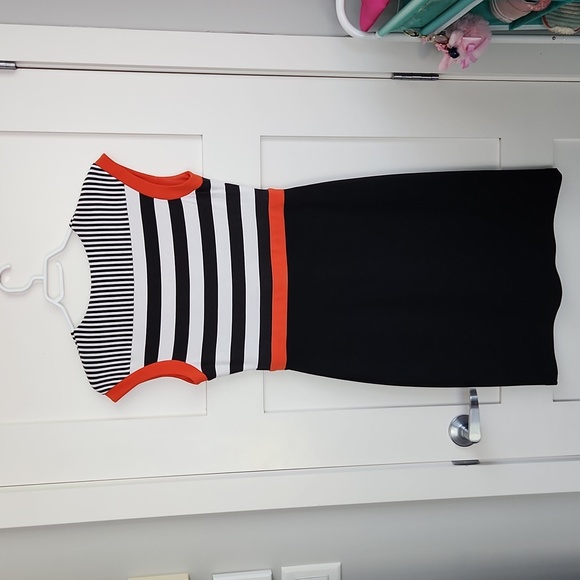 Joseph ribkoff black,orange,white stripe dress - Picture 4 of 4
